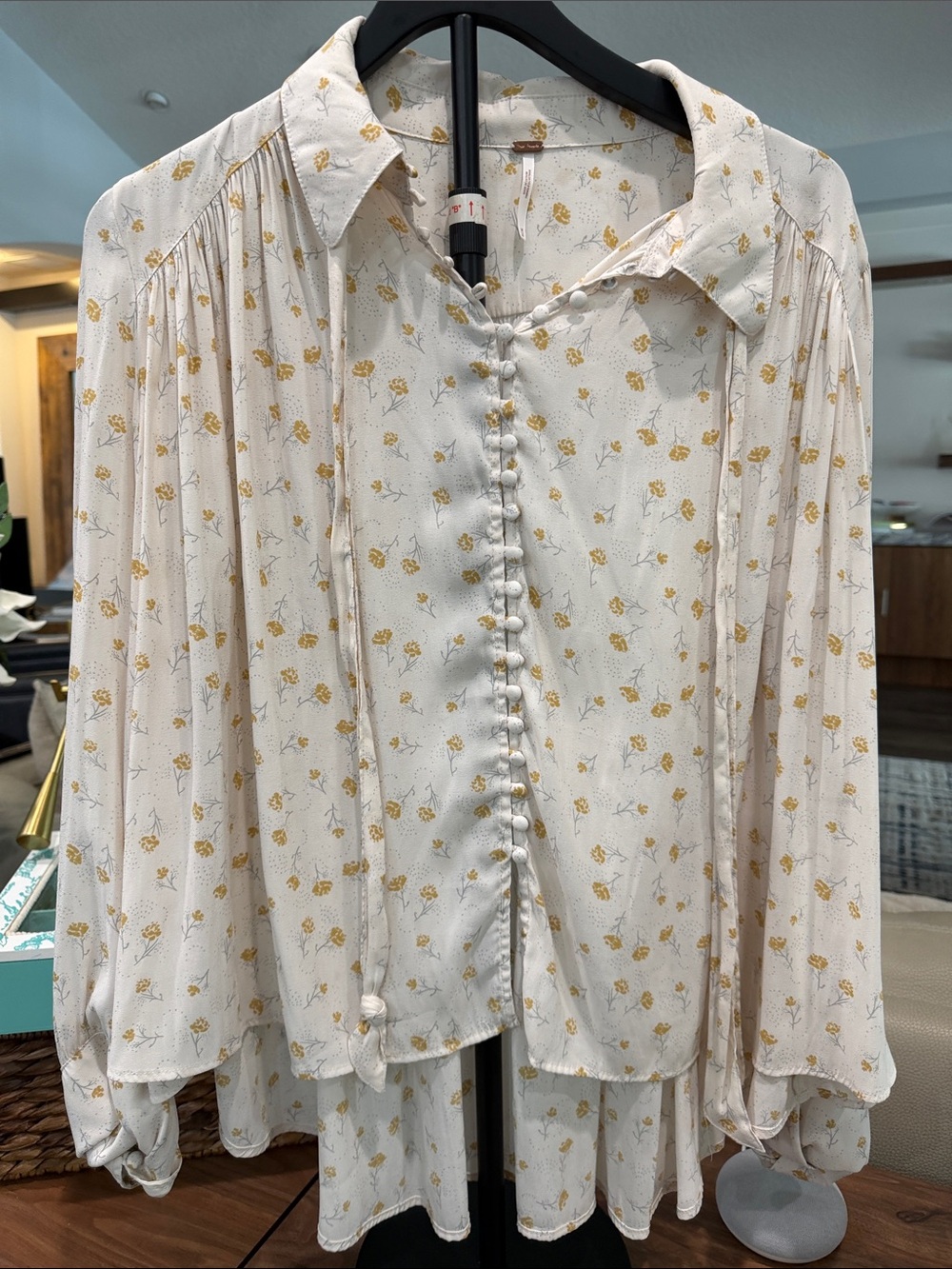 Free People Cream Blouse with Yellow Floral Print